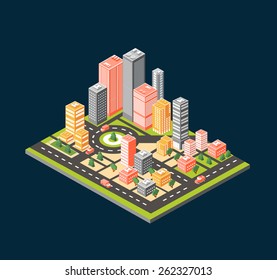 Vector  isometric city center on the map with lots of buildings, skyscrapers, factories, and parks. Picture in style flat