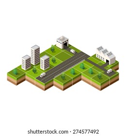 Vector isometric city center on the map with lots of buildings,