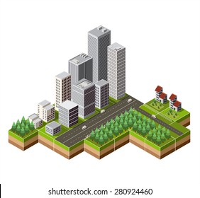 Vector isometric city center on the map with lots of buildings, skyscrapers, factories, and parks