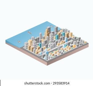Vector isometric city center on the map with a large number of buildings, skyscrapers, roads and sea coast