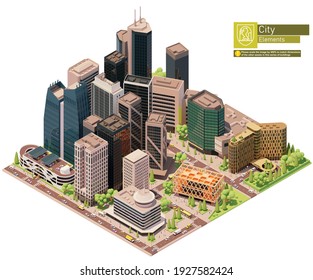 Vector isometric city downtown. Central business district of the city. City center includes skyscrapers, buildings, offices, multistorey car park, hotel, bus stop. People and transport on the streets.