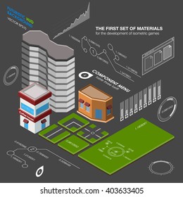 Vector isometric city elements - buildings, land, road. Abstract  isometric HUD 