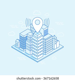 Vector isometric city illustration with map pin - business location concept - illustration with buildings in trendy linear style