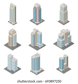 Vector isometric city  infrastructure architecture map generator. Icon set ofice, apartment buildings. 3d elements representing low poly building.