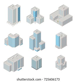 Vector isometric city  infrastructure architecture map generator. Icon set ofice, apartment buildings. 3d elements representing low poly building.