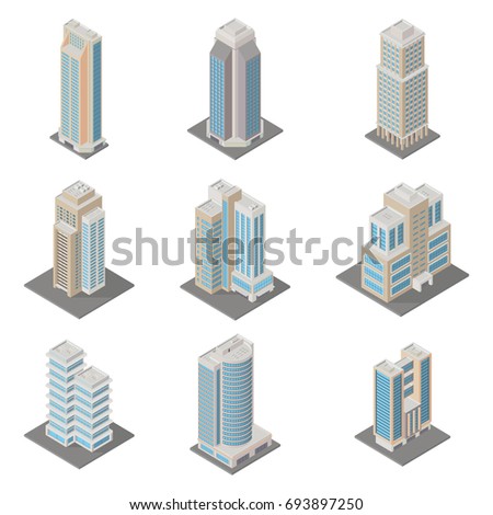 Vector isometric city  infrastructure architecture map generator. Icon set ofice, apartment buildings. 3d elements representing low poly building.