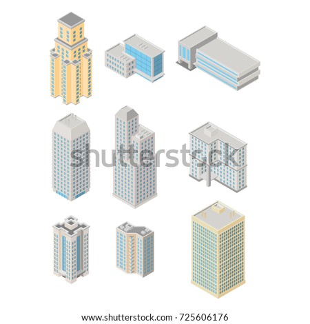 Vector isometric city  infrastructure architecture map generator. Icon set ofice, apartment buildings. 3d elements representing low poly building.