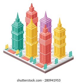 Vector isometric city map with colorful skyscrapers. Creative trendy graphic design concept. Vector illustration isolated on white background. 