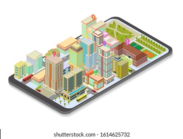 vector isometric city map on smart phone with building, road, and vehicle