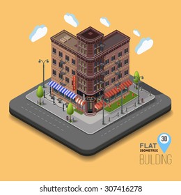 Vector isometric city with old buildings and cafes in the middle. Street light poles and fences and flower beds. Concept street with apartment buildings. Urban flat 3d vector illustration.