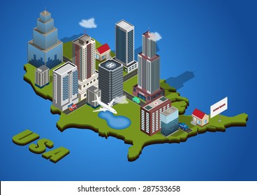 Vector Isometric City On America Map