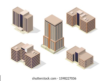 Vector isometric city skyscrapers buildings icon set