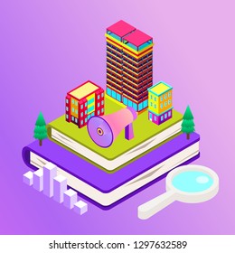 Vector isometric city with skysrapers. Town infographic illustration.