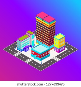 Vector isometric city with skysrapers. Town infographic illustration.