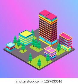 Vector isometric city with skysrapers. Town infographic illustration.
