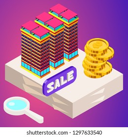 Vector isometric city with skysrapers. Town infographic illustration.