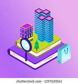 Vector isometric city with skysrapers. Town infographic illustration.