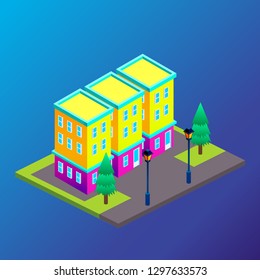 Vector isometric city with skysrapers. Town infographic illustration.