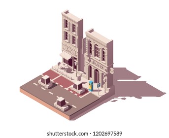 Vector isometric city street car parking with pay and display ticket machine and with marked car parking spaces and buildings nearby