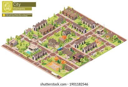 Vector isometric city suburban area block. Buildings, houses, homes, townhouses and cottages. People and transport on the streets.