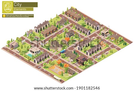Vector isometric city suburban area block. Buildings, houses, homes, townhouses and cottages. People and transport on the streets.