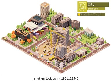 Vector Isometric City Or Town Block With Building Construction Site And Bus Terminal. Buildings, Houses, Homes And Offices. People And Transport On The Streets.