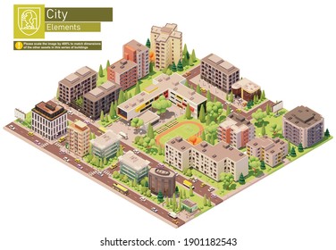 Vector isometric city or town block with school building. Buildings, houses, homes and offices. People and transport on the streets