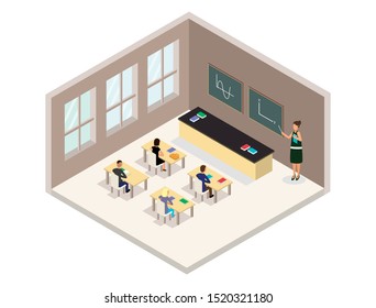 Vector isometric classroom illustraition. Includes schoold desks, tables, chairs, students and teacher.