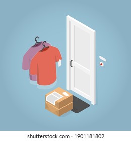 Vector Isometric Clean Clothes Delivery Concept Illustration. T-shirts And Packed In Boxes Clothes After Professional Dry Cleaning Delivered To The Door.