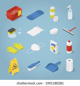 Vector isometric cleaning object set. Collection of cleaning supplies - bucket with water, spray cleaner, sponge, cleaning cloth, squeegee, rubber gloves, mask, bottle, sign, broom, dust pan.