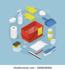 Vector isometric cleaning objects illustration. Bucket with water surrounded by wet sponge, soap, spray cleaner, broom, dust pan, rubber gloves, mask, cleaning cloth, squeegee.