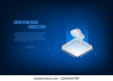 Vector isometric cloud storage with cpu microchip digital and technology concept. 