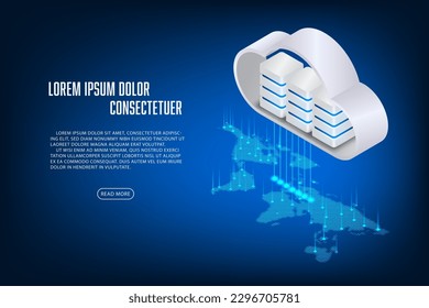 Vector isometric cloud storage with world map concept. Technology abstract background.