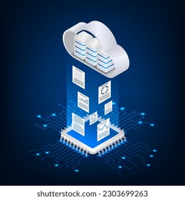 Vector isometric cloud transfer data protection cpu microchip digital and technology concept.