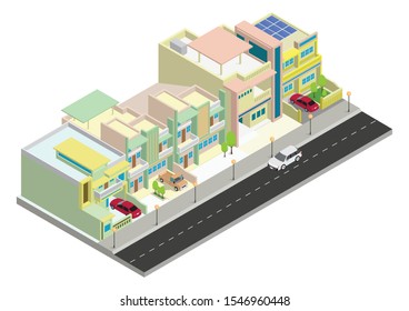 Vector isometric cluster area house building with street and car