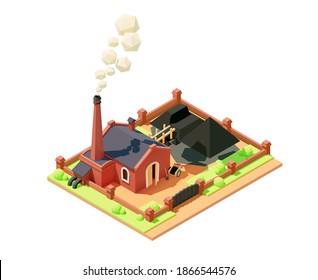 Vector isometric coal fired plant with smoke from chimney. Plant or Factory Building icon