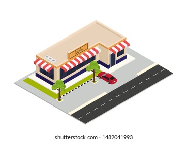 vector isometric coffee shop with car and road