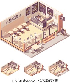 Vector isometric coffee shop or coffeehouse. Cafe interior with tables, seats, counter, cash register and blackboard menu