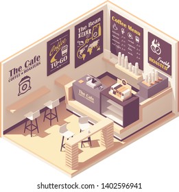 Vector isometric coffee shop or coffeehouse. Cafe interior with tables, seats, counter, cash register and blackboard menu