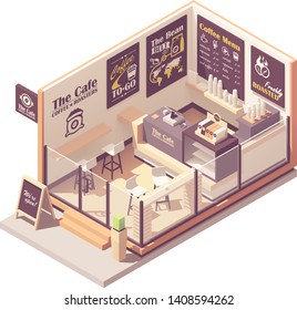 Vector isometric coffee shop or coffeehouse. Cafe interior with tables, seats, counter, cash register and blackboard menu