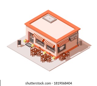 Vector isometric coffee shop or coffeehouse building exterior. Cafe icon