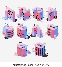 Vector isometric collection with pastel colored numbers set decorated with geometric shapes, textures and stripes.