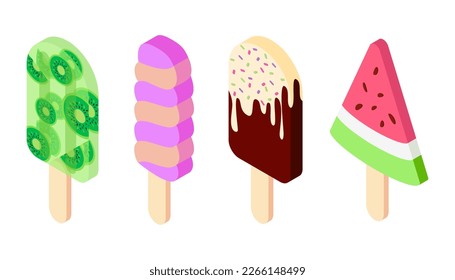 Vector isometric collection set of delicious ice cream.Summer dessert fruit ice with kiwi,chocolate popsicle,watermelon gelato.Illustration of colorful icons isolated on white background.Web,design