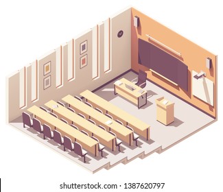 Vector isometric college or university lecture hall or theatre interior cross-section. Rows of seats, teachers table, blackboard, projector with screen, lectern or speech stand