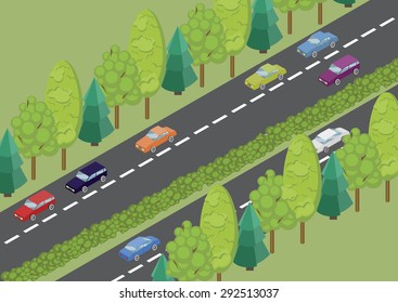 Vector Isometric Color Road And Cars In The Countryside