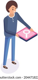 Vector isométrico, amplificador web de color, estilo isométrico. Diseño de ilustraciones creativas, idea gráfica para infografías. Hombre sujetando el icono de aplicación del sistema de búsqueda de teléfonos, aplicación móvil para smartphone