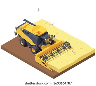 Vector isometric combine harvester working in wheat field. Wheat harvesting process with modern combine. Agricultural machinery cropping cereal field