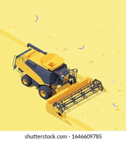 Vector isometric combine harvester working in wheat field. Wheat harvesting process with modern combine. Agricultural machinery cropping cereal field svg