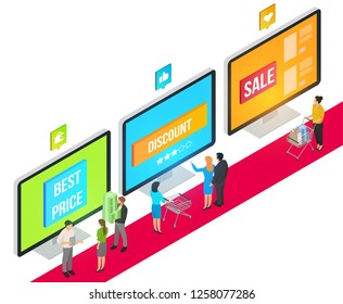 Vector isometric composition with computer monitor and people. Colorful minimalistic concept for online shopping, marketing and e-commerce. Vivid business illustration.