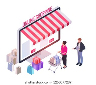 Vector isometric composition with computer monitor and people. Colorful minimalistic concept for online shopping, marketing and e-commerce. Vivid business illustration.